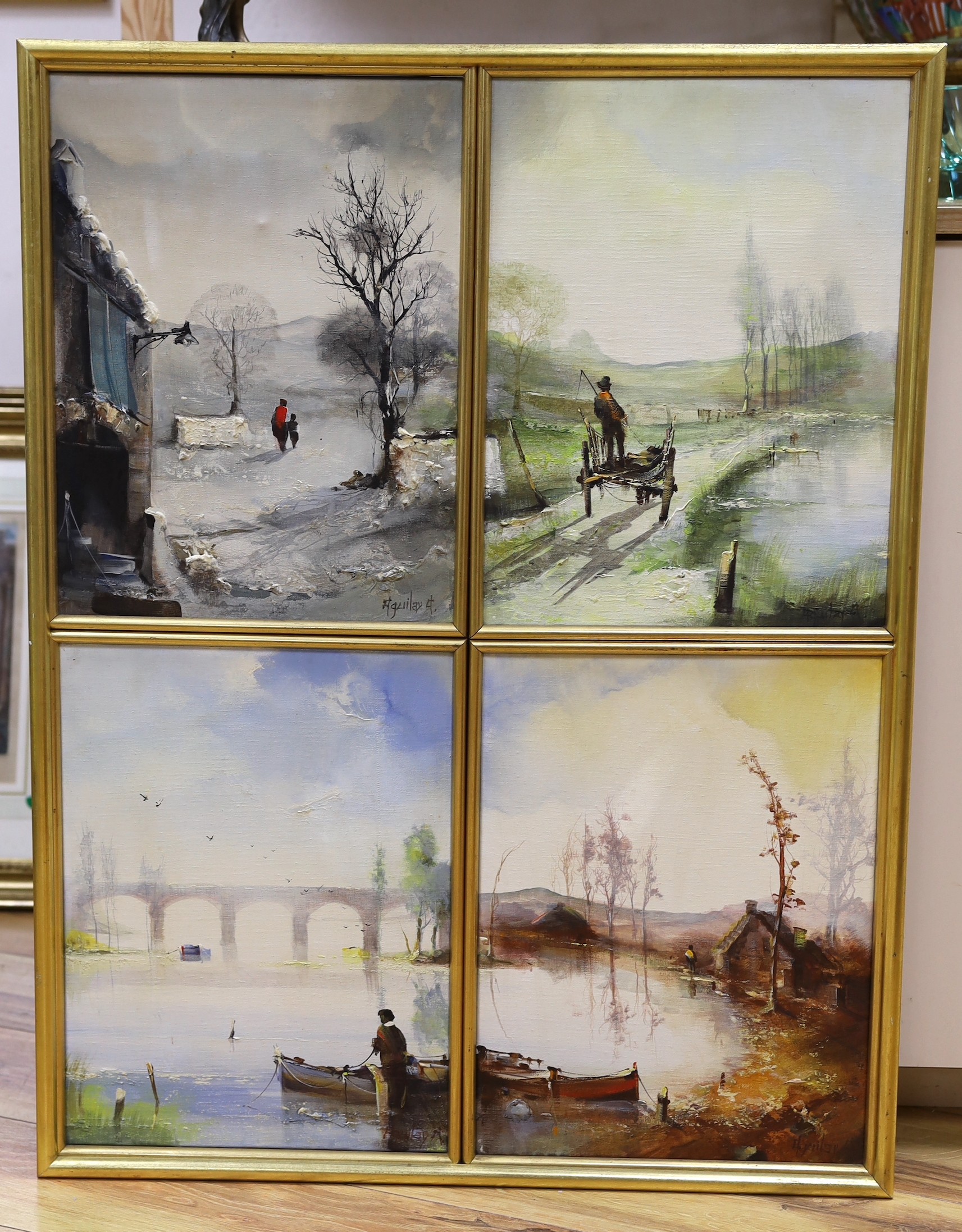 Jorge Aguilar-Agon (Spanish 1936-2020) - oils on canvas - The Seasons, a set of four, each signed, framed as one, 82 x 61cms., overall, together with the artist’s exhibition catalogue relating to an exhibition at Harrods